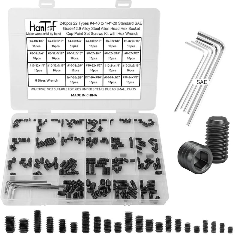 HanTof 240 Pcs 22 Sizes Black Set Screw Assortment Kit, SAE Allen Head Grub Screws for Bathroom Fixture, Grade 12.9 Alloy Steel Internal Hex Drive Cup-Point for Door Knob, Faucets (#4-40 to 1/4"-20) - Image 1